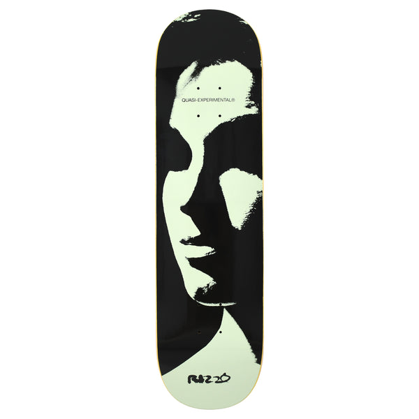 Quasi Rizzo Gazer skateboard deck: High-contrast black and pale-green photographic portrait of a face in profile, cropped tight and lit from one side, with small 'Quasi-Experimental' text near the top and a handwritten Rizzo signature at the bottom.