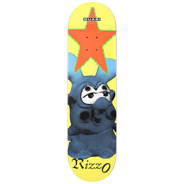 Quasi Rizzo Guy skateboard deck: Halftone image of a blue clay-like creature with heavy-lidded eyes beneath a large orange star with pixelated green edge, on yellow, with the rider's name in serif lettering at the bottom.