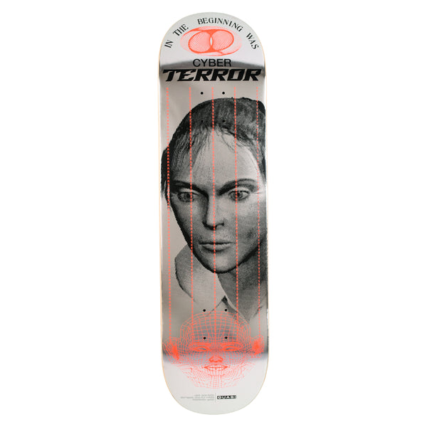 Quasi Rizzo Reset skateboard deck: Greyscale halftone portrait of a woman's face crossed by vertical orange dotted lines, with an orange wireframe head at the bottom and an orange looped emblem at the top under curved text. Bold title lettering sits above the face.