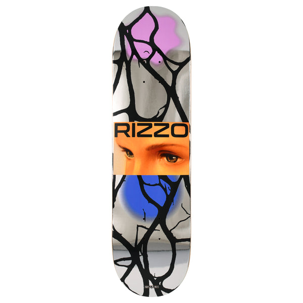 Quasi Rizzo Tearz skateboard deck: Silver mirror-finish deck covered in black branching vein-like lines, with pink and blue airbrushed blobs. A central orange band shows a close-up photo of a pair of eyes, with the rider name over it.