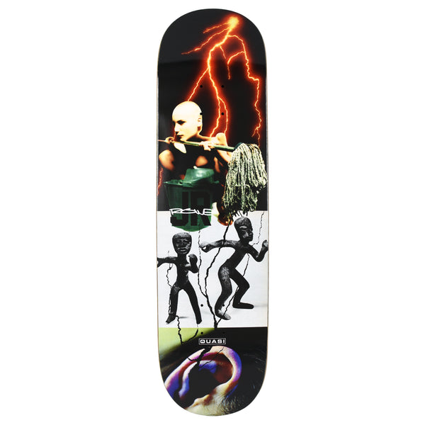 Quasi Rowe Big Ear skateboard deck: Photo collage on a black deck: a bald figure holding a mop under an orange lightning bolt, two dark carved figures on white, and a close-up of an ear at the tail, with the brand logo and rider signature.