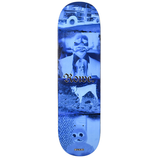 Quasi Rowe Bygone skateboard deck: Blue-toned inverted photo collage of a lorry, a man in a suit with a cigar and clown-like face, a white dog on grass and a small hooded figure with big eyes. Gothic Rowe lettering sits across the middle.