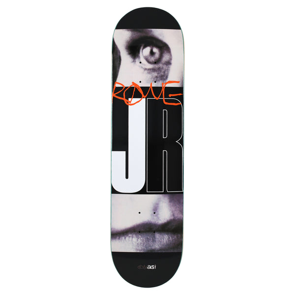 Quasi Rowe Exhibition skateboard deck: Close crops of a woman's eye and lips in greyscale above and below huge block letters J and R, with an orange scrawled name across the top and a small logo at the tail.