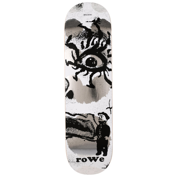 Quasi Rowe Knocker skateboard deck: Black and white high-contrast photocopy-style graphic of a giant staring eye and a bird or beak shape, with a small standing figure in a hat at the lower right, over a reflective silver foil finish.
