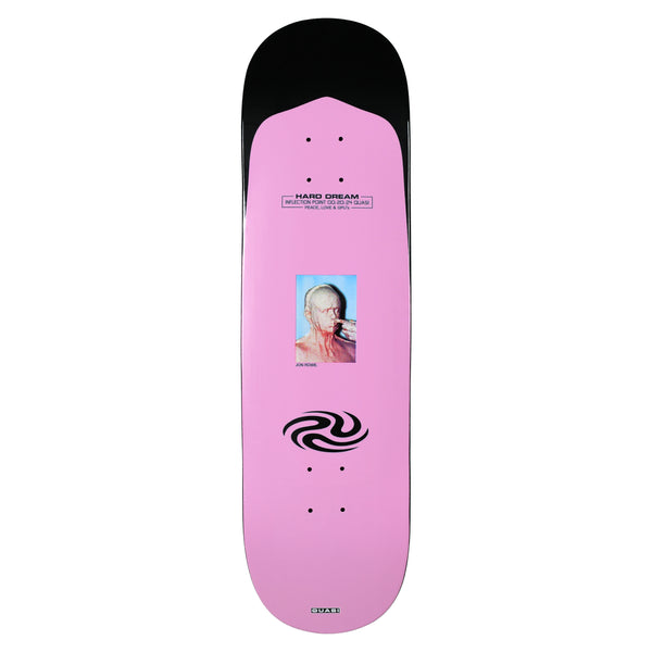 Quasi Rowe Point Break skateboard deck: Pink deck with a black nose, a small photo of a pale figure with blood-red face and a hand to the mouth, and a black swirl symbol below. Small print at the top reads Hard Dream.