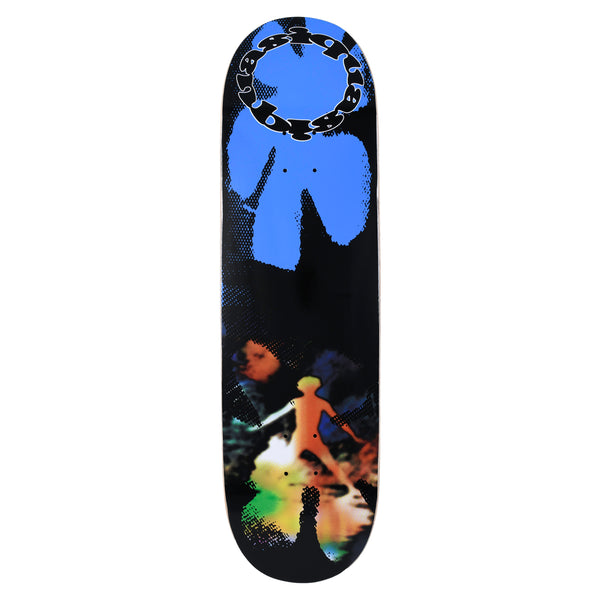 Quasi Seam skateboard deck: Black deck with halftone collage: a large blue silhouetted torso shape at the top under a circular ring of bubble lettering, and a glowing orange human figure in a blurred green and yellow scene below.