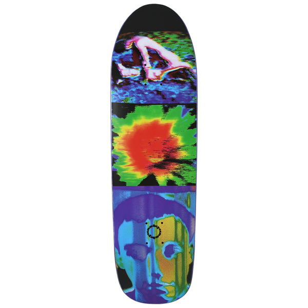 Quasi Technicolor skateboard deck: Three stacked thermal-camera style images on a shaped deck: a crouching figure, a red and green starburst, and a profile face with a hat, in saturated false colours.