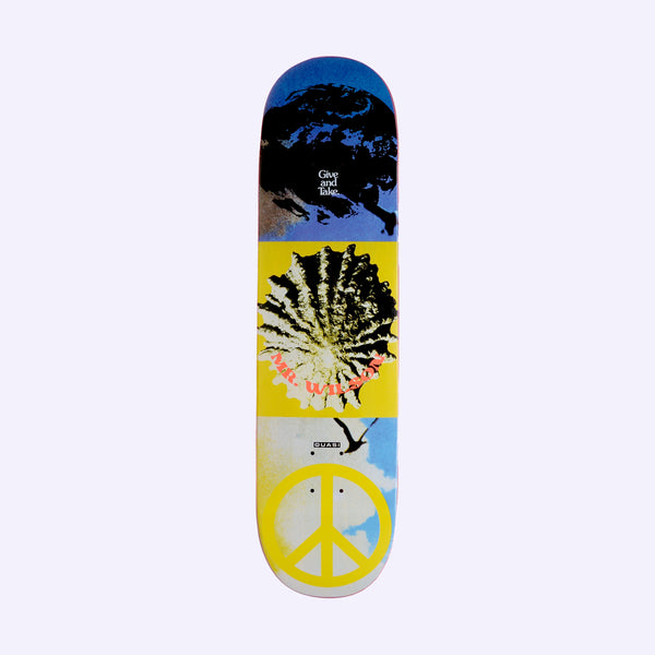 Quasi Wilson Aquarius skateboard deck: Three stacked panels: a blue and black abstract cloud-like image headed 'Give and Take', a yellow panel with a spiky shell or burst and 'Mr. Wilson' in coral lettering ringed around it, and a cloudy sky with a bird and large yellow peace sign.