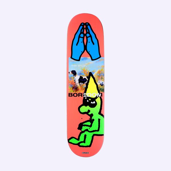 Quasi Wilson Bored skateboard deck: Blue praying hands above a painted scene of a spaniel-type dog in a field, with BOREDOM across it, and a green gnome-like figure in a yellow cone hat sitting below, on a salmon-red deck.