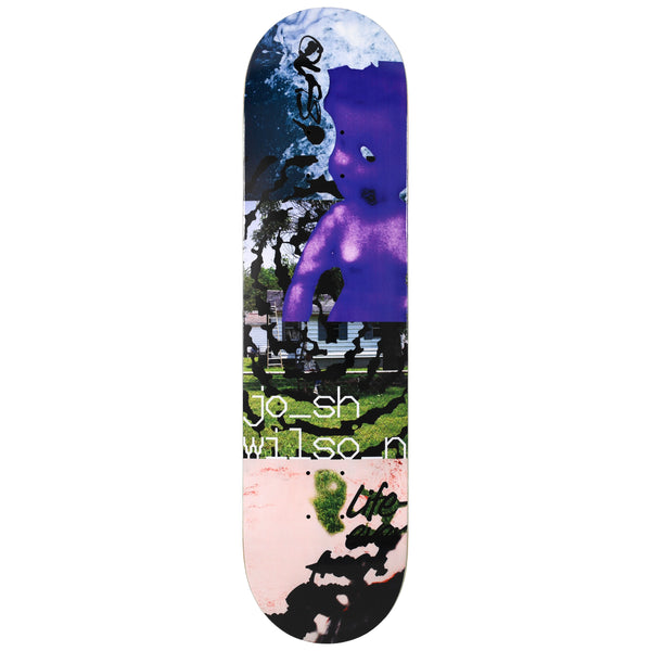 Quasi Wilson Needmore skateboard deck: Distorted digital collage of a purple blurry figure, a house on a green lawn, tree shapes and black ink-like glitch smears, with pale pink at the tail. Name in white lowercase text split by an underscore.