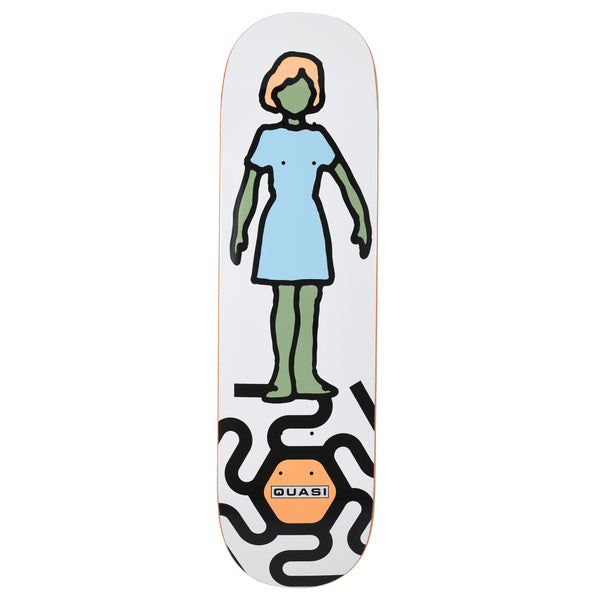 Quasi Zoetrope skateboard deck: White deck with a cartoon woman in a pale blue dress and green skin standing on a black line that turns into a looping maze pattern around an orange hexagon bearing the Quasi logo.