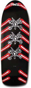 Powell Peralta Ratbone Spoon skateboard deck: Three white rat-and-bones skull logos stacked down a black old-school deck, each flanked by bold red and white chevron stripes. The brand name is at the top.