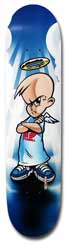 Powell Peralta Angelboy 2002 skateboard deck: Airbrushed cartoon of a scowling bald boy with a halo and small wings, arms folded, wearing a pale blue shirt and trainers, against a blue sky with clouds.