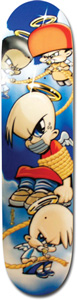 Powell Peralta Knotty Angel skateboard deck: Cartoon-style angels with halos and wings against a blue cloudy sky: a central character with a mask over his mouth, tied up with rope, and others around him, including one in an orange cap.