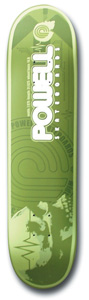 Powell Peralta Wainright Skull skateboard deck: Monochrome olive green deck with a large white Powell wordmark with Skateboards beneath, concentric circle outlines, a faint skull and a heartbeat line in lighter green.