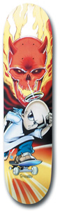 Powell Peralta Channita Skull skateboard deck: Airbrushed flaming red devil skull above a bald cartoon figure with a halo riding a skateboard, set against yellow and orange flames and rays.