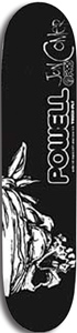 Powell Peralta Comer Skull skateboard deck: A black deck with a white line-drawn skull wearing a bandana at the lower left. The Powell logo runs vertically in white outline lettering beside a handwritten signature at the top.