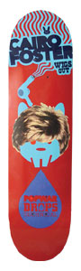 Popwar Foster Wigs Drop skateboard deck: Red deck with a cartoon character head with a brown wig and blue monster body, holding a hairdryer, above a large blue water drop. Name in bold dark blue lettering at the top.