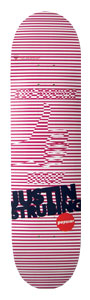 Popwar Mind Eyes skateboard deck: White deck covered in pink horizontal stripes that form the outline of a thumbs-up hand, with small text above and large black stencil-style rider name near the tail, plus a red round logo.