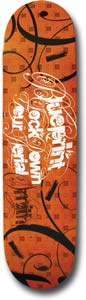 Blueprint Ornate Smithy skateboard deck: Ornate swirling calligraphy in white and black over an orange textured pattern, with the Blueprint name written in flourished script at the centre.
