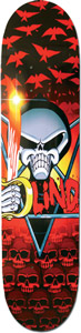Blind Sabregram skateboard deck: A grinning silver skull wearing a hood, gripping a flaming torch in a bandaged fist, set against a blue star shape. Red birds fly across the top and rows of red skulls fill the bottom, with graffiti-style lettering.