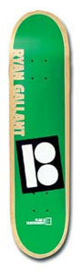 Plan B Staple Galant skateboard deck: A plain green deck with the rider name in cream block capitals running up the left side above the black and white Plan B double-circle logo in a tilted black square. Natural maple edges show around the green.