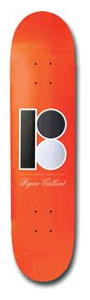Plan B Signature Gallant skateboard deck: Orange deck with the Plan B logo, a black square P and two circles one black and one silver-white, with small text and the signature Ryan Gallant in script beneath.