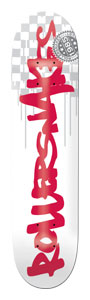 Rollersnakes Checkerd Tag skateboard deck: White deck with the brand name in large red graffiti-style brush lettering running down its length, with paint drips, a grey checkerboard patch and a small round seal at the top.