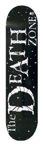 Death Skateboards Death Zone skateboard deck: Large distressed white lettering reading 'The Death Zone' on black, the letters cracked as if shattered, with small white specks scattered like stars.