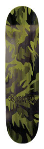 Darkstar Darkstar Camo skateboard deck: A camouflage pattern in olive green and black with fine vertical lines through it, and a Darkstar logo in the lower middle.