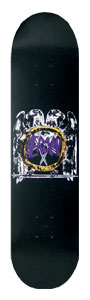 Heroin Black Eagle skateboard deck: Heraldic black and white double-headed eagle holding a gold-yellow wreath enclosing purple lettering, on a black deck.