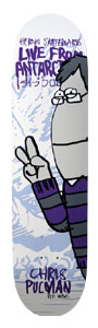 Heroin Pulman skateboard deck: Cartoon figure with grey head, glasses and purple striped sweater giving a peace sign, set against a pale blue icy mountain landscape. Purple lettering reads 'Live From Antarctica' and the rider's name.