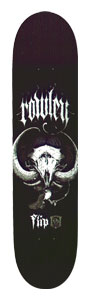 Flip Rowley Cock Kill skateboard deck: Horned animal skull with large curling horns and a small bird below, drawn in grey tones on a dark deck. Rowley name in blackletter lettering at the top, Flip logo near the bottom.