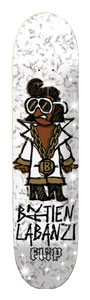 Flip Salabanzi Staredu Deck7.75 skateboard deck: Cartoon character with sunglasses, afro-style hair and a moustache, wearing a white collared jacket and a large gold chain with a B medallion, on a sparkly silver background. Name in graffiti lettering with Flip logo.
