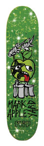 Flip Appleyard Staredu Deck7.36 skateboard deck: Cartoon green apple with a star-shaped eye patch and lolling tongue, holding a dagger and sitting on grey stumps, on a sparkly green background. Name in handwritten lettering with Flip logo.