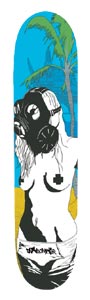 Unabomber Gas-Girl skateboard deck: Illustration of a topless woman in a black gas mask and pasties, white underwear and long hair, against a palm tree, blue sky and yellow sand. Black and white figure with flat colour backdrop and a small signature-style logo at the bottom.