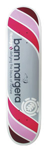 Element Bam Fibrelight Deck7.5 skateboard deck: White deck with diagonal red, pink and maroon stripes at each end and a grey central panel carrying rider name, a small bird sketch and the Element logo in a circle.