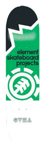 Element Neon Earth skateboard deck: White deck with a green panel with a jagged edge over a black top, carrying 'element skateboard projects' in black lowercase type above a white Element tree emblem in a ring. Small lettering near the tail.
