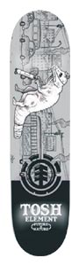 Element Townend Ext skateboard deck: A grey pen-style illustration of a pig-like animal lying on its back in front of buildings, with a black lower section holding the Element tree logo and rider name.