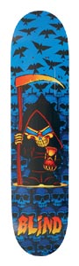 Blind Blackbird skateboard deck: A grinning skull-faced reaper in a dark hood holds a scythe and an hourglass, against a wall of blue skulls with black bats flying across the top. Flame-style Blind logo at the bottom.