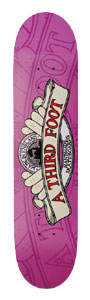 Third Foot Crest skateboard deck: A cream scroll banner reading A THIRD FOOT held by a hand in front of a circular seal, over faint pink line-work lettering on a purple-pink deck.