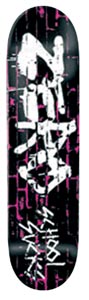 Zero School Sucks skateboard deck: Spray-painted style white Zero lettering and a stencilled figure over a black deck with a pink brick wall pattern, with SCHOOL SUCKS in scratchy white lettering running up the lower half.