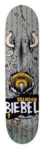 Girl Beibel Bee-Bull skateboard deck: A bull's face bursting through a cracked wall, with two cream horns, a gold nose ring and flying rubble, set on a grey diamond-patterned background. A black band with the rider's name sits across the lower end.