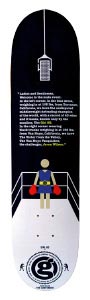 Girl Wilson Contender skateboard deck: A small figure in blue shorts and red boxing gloves stands in a white-cornered boxing ring beneath a hanging microphone, on a navy deck. A block of ring-announcer text sits above, and a round Girl logo is at the tail.