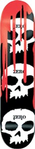 Zero 3 Skulls W/Blood 3 Skulls W/Blood Black skateboard deck: Three stacked white skulls on black, each carrying the Zero name on its forehead, with red blood dripping down from the top of the board.