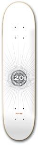 Rollersnakes Rs Platinum skateboard deck: Plain white deck with a grey and black circular medallion marked 20 at the centre, with fine radiating lines around it and tiny text near the tail.