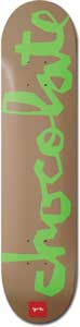 Chocolate York Chunk skateboard deck: Tan deck with the Chocolate name in large, rough hand-drawn lime green lettering running the length of the deck, and a small red logo near the tail.