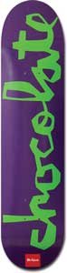 Chocolate Mulder Chunk skateboard deck: Large lime green hand-drawn Chocolate wordmark in rough, uneven capitals running up a plain purple deck, with a small red logo patch at the tail.