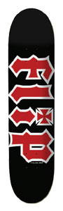 Flip Hkd Black skateboard deck: Black deck with the Flip logo in red gothic lettering outlined in white, with an iron cross replacing the dot. Logo runs down the length of the deck.