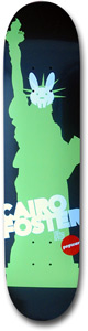 Popwar Rob Gonz skateboard deck: A green silhouette of the Statue of Liberty on a dark navy deck, with a white rabbit head in front of its face and large white lettering across the lower part.